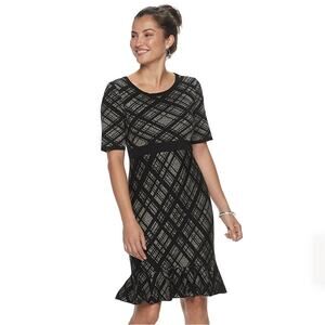NWT Nina Leonard Plaid Flounce Hem Black Mink Short Sleeve Dress Size Large